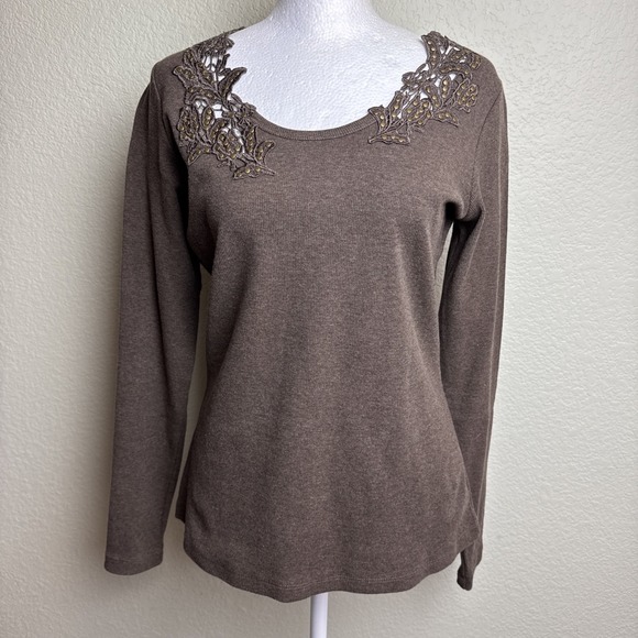 Diane Gilman Tops - DG2 Diane Gilman Women's Top Brown Ribbed Size S Embellished Long Sleeve *